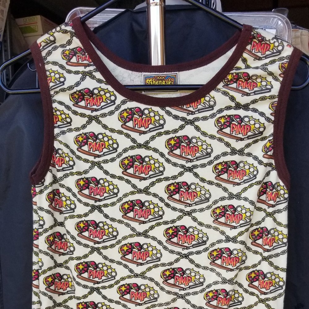 "PIMP" STRAIGHT RAZOR, BRASS KNUCKLES, SHADES repeating design sleeveless